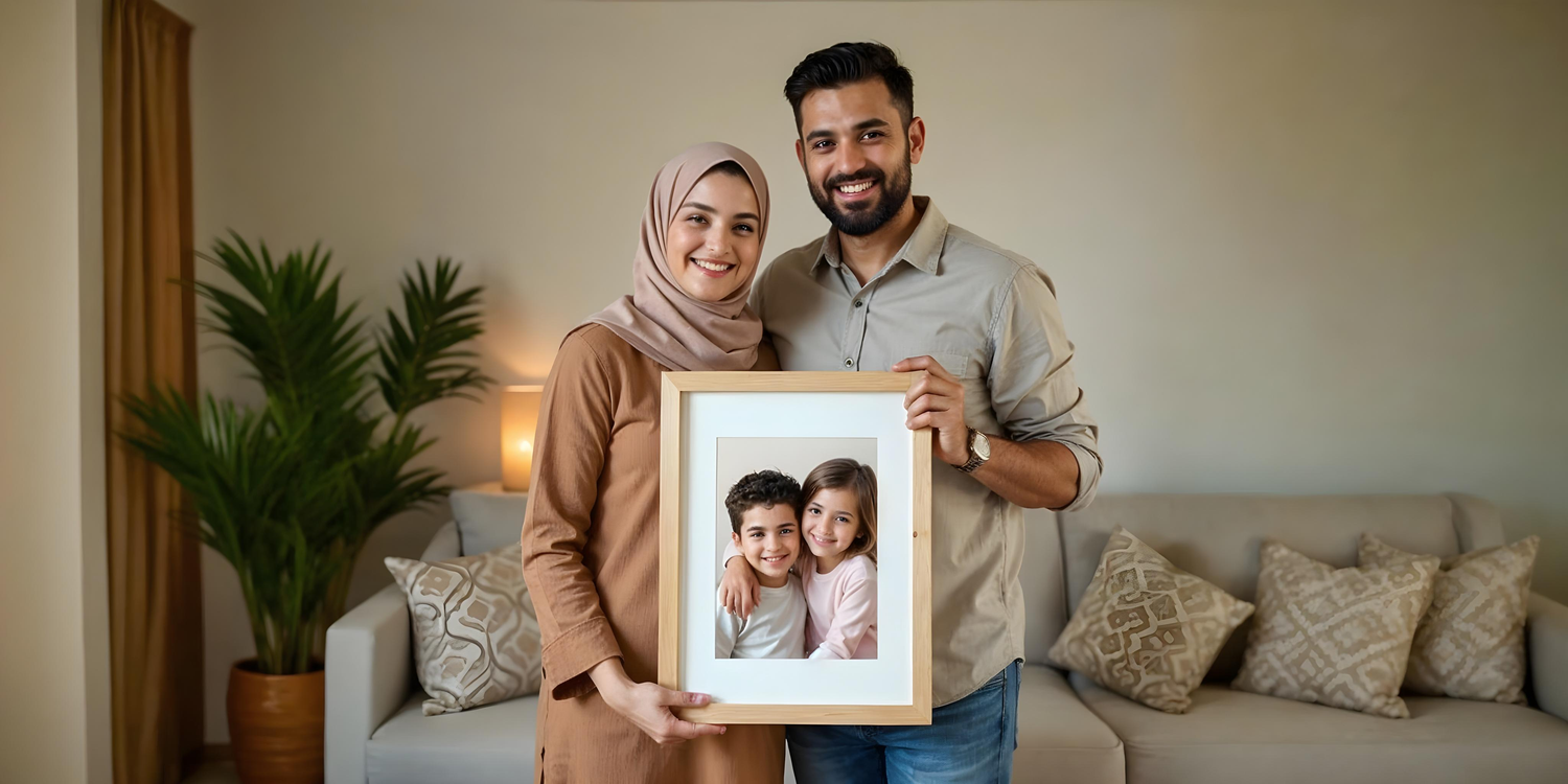 a couple holding a portrait ZekraFrame featuring their son and daughter