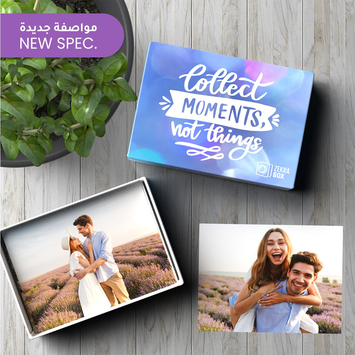 ZekraBox with 'Collect moments, not things' text on a wooden surface with photos of a couple in a lavender field.
