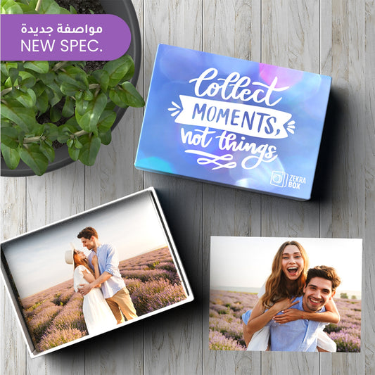 ZekraBox with 'Collect moments, not things' text on a wooden surface with photos of a couple in a lavender field.